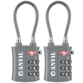 ANVIL TSA Locks for Luggage – TSA Approved Cable Travel Lock with Zinc Alloy Body, 3-Digit Combination Lock for Suitcases, Backpacks, Gun Cases, Zippers (Gray 2 Pack)