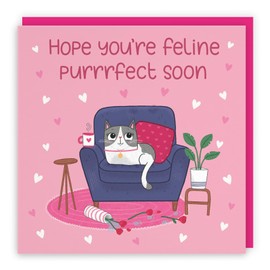 Hunts England - Get Well Soon Cute Cat Card For Her - Hope You're Feline Purrrfect Soon - Iconic Collection