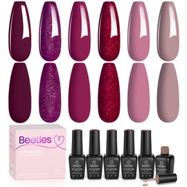 beetles Burgundy Red Gel Polish Set - 6 Colors Dark Cherry Wine Red Nail Polish Purple Glitter Gel Nail Kit U V LED Soak Off Home DIY Manicure Nail Salon Gifs for Women
