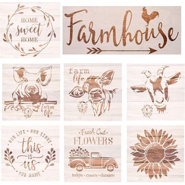 SoulQool 8 Pcs Farmhouse Reusable Stencils,Farm Theme Painting Stencils for Painting on Wood,Sunflower/Animal Pattern Stencils for Scrapbooking Drawing DIY Decors