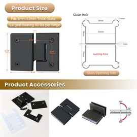 Alise Glass Shower Door Hinges, 180 Degree Shower Door Hinges for Glass Doors,Heavy Duty Stainless Steel Cabinet Hinges,Frameless Shower Doors Hardware Replacement Part,Black