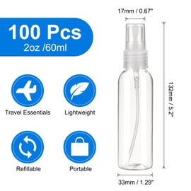 uxcell 100Pack Spray Bottles, 2Oz/60ML Reusable Clear Empty Mist Plastic Mini Travel Bottle Set,Small Refillable Liquid Containers for Household Use, Essential Oil, Cleaning (Transparent)