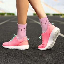 KONY Women's Girls Cute Cat Designed Funny Novelty Socks, Cat Paw Printed Cotton Casual Socks, Size 6-9 Gifts for Cat Lovers (Cat with Ears - 5 Pairs)