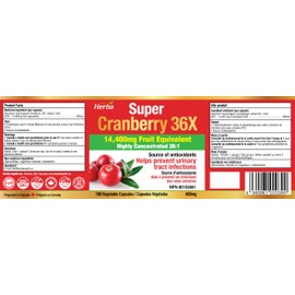 Herba Cranberry Supplement 36x Extract | 28,800mg Per Day | 180 Cranberry Pills for Women and Men | High Potency Formula to Help Prevent Urinary Tract Infection (UTI) | Made in Canada
