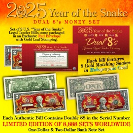 2025 Chinese New YEAR OF THE SNAKE Lucky Money $1 & $2 Set DUAL 8s GOLD SNAKES