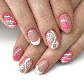 Christmas Press on Nails Short Oval Fake Nails with Pink Christmas Tree Snowflake Designs White French Tip Press Nails ons Glossy Glue on Nails Glitter False Nails Nude Stick on Nails for Women 24 Pcs