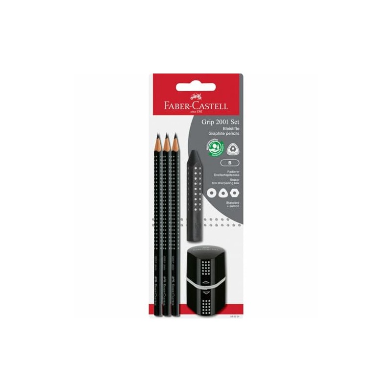 FABER-CASTELL 580024 Grip 2001 Pencil Set 5-Piece with 3 Pencils,