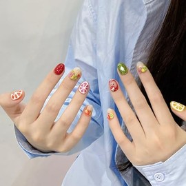 Wsliana Handmade Press On Nails Short- Cute Square Shape with 3D Charm Design, 10pcs Glue On Acrylic Fake Manicure with Storage Box (050, XS)