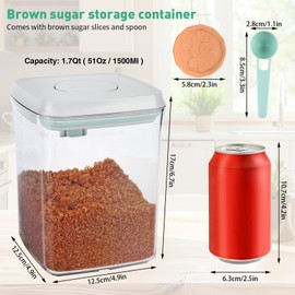 Airtight Brown Sugar Keeper Containers, As Plastic Clear Food Storage Jars with 1 Terra Cotta Brown Sugar Savers and Spoon, One-Touch Opening Jar for Storing Food/Spices/Candies/Coffee Beans (1500Ml)