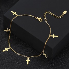 CHIRENMA Ankle Bracelets for Women, 925 Sterling Silver Cross Anklet Chain for Women, Adjustable Silver OT Toggle Clasp Heart Link Chain Anklet Bracelet (style 3-cross)