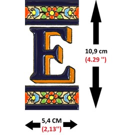 Handpainted polichrome ceramic tiles. letters and numbers handpainted using dry rope technique perfect to create signs,addresses and names. Design FLORES MEDIANO 4,29"X2,13" (LETTER E)