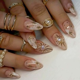 ONPRESS 24Pcs Gold Sun Press on Nails Medium Alomd Fake Nails with 3D Pink Heart Shape Charms Design White Blooming French Tip Nude Glue on Nails Glossy Full Cover Acrylic Nails for Women Girls