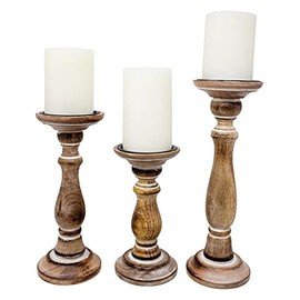 Boston Warehouse Natural Wood Pillar Candle Holder, 3 Piece Set, Smooth Whitewash