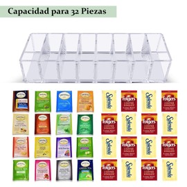 Ausein Caja para Té de Bolsa con 8 Compartimentos, Organizador de Te para Infusiones, Bolsas de Té, Sobres de Café y Azúcar, Porta Te de Acrilico para Nevera, Armario, Despensa, Encimeras de Cocina
