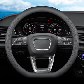 XHRING D-Shaped Car Steering Wheel Cover for Rivian R1T R1S 2023 2024 2025 Accessories Women Men, Leather Black 14 ½''-15''