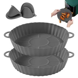 Paquete de 2 de Silicona para Freidora de Aire, Accesorios Silicon para Air Fryer Reutilizable Antiadherente con Clips de Mano Anticalor Olla Silicona para Freidora | Horno | Microondas (Gris) Round