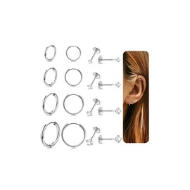 LOAYHOAY 8Pairs 20G 316L Stainless Steel Threadless Earrings for Men Women Hypoallergenic Push in Earrings Flat Back Small Huggie Hoop Earrings Lobe Helix Cartilage Earrings for Multiple Piercing S