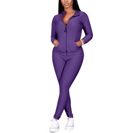 Jogging Suits for Women, Textured 2 Piece Outfit Long Sleeve Full Zip Jacket Skinny Pants Tracksuit Set, Purple, Small