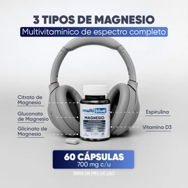 Triple Magnesio con 60 Cápsulas de 700mg | Combinacion de Citrato de Magnesio, Gluconato y Glicinato de Magnesio | Magnesio Glicinato con Espirulina y Vitamina D3 | 100% Natural, Sin Gluten | MULTIBLUE