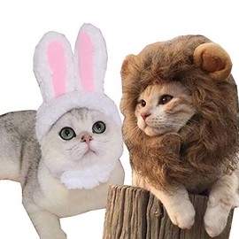 Juego de 2 pelucas de melena de león para disfraz de gato, conejo, sombrero de conejo con orejas, cosplay, disfraz de Halloween, accesorios para gatos y perros pequeños