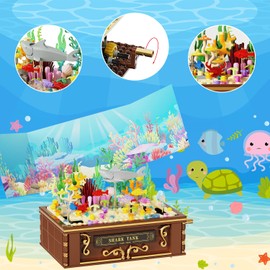 Fistone Fish Tank Building Blocks Set for Kids & Adults, Lighting Aquarium Building Block Set, Includes Sharks, Seaweed and Crabs, Hand-Cranked Dynamic Animal Toy for Boys and Girls Ages 8+, 721pcs