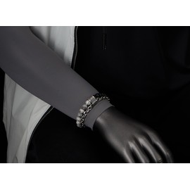 COOLSTEELANDBEYOND Mens Beaded Chain Bracelet Black Matte Grey Marbled Stone Beads, Dual-Strand Steel Chain and Charm