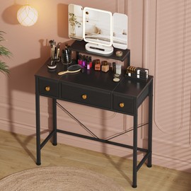 HIGDBFE Small Makeup Vanity Desk 27.5''W with Mirror and Lights, Vanity Desk with 3 Fabric Drawers and Height-Adjustable Stand, Vanity Table for Girls Gifts, Bedroom and Small Spaces, Black