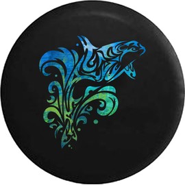 Funny Spare Tire Wheel Cover for Camper SUV Trailer Truck RV JP Thick PVC Leather | Vintage Dolphin Island Splash Black 33 Inch