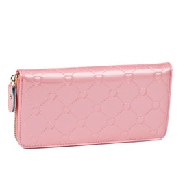 Fair Fairy 140817 Women's Wallet, Genuine Cowhide Leather, Enamel, Embossed Round Zipper, Long Wallet, Outlet Heart Light Pink