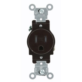 Leviton T5015 15 Amp, 125 Volt, Narrow Body Single Receptacle, Straight Blade, Tamper Resistant, Commercial Grade, Grounding, Brown