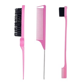 SIOPPKIK 3-Piece Teasing Brush Set, Double Edges Brush and Comb, Bristles, Hair Brush, Comb Care, Edges Brush, Combs, Robust Rat Tail Comb for Hairdresser, Women, Baby, Children, Pink