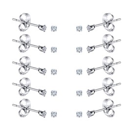 FOSIR 2-4MM Tiny Women's Stainless Steel Round Clear Cubic Zirconia Stud Earrings(10 Pairs)