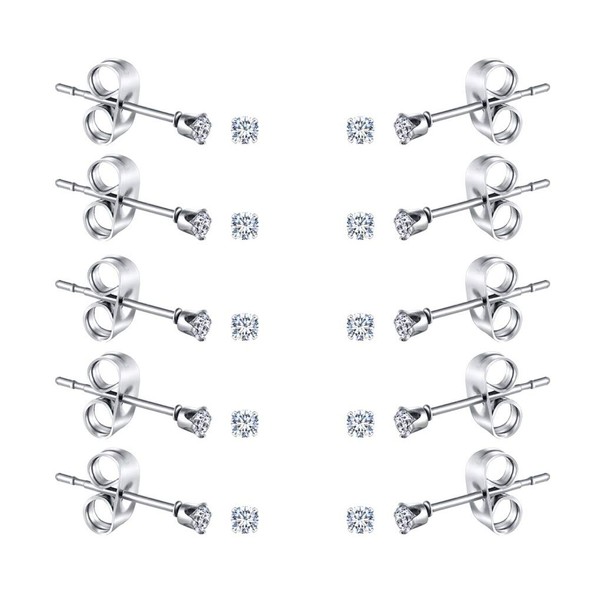 FOSIR 2-4MM Tiny Women's Stainless Steel Round Clear Cubic Zirconia