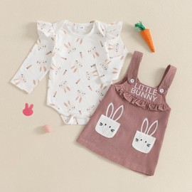 Loalirando Newborn Baby Girl Easter Outfits Carrot/Bunny Print Ruffle Trim Long Sleeve Romper Overall Suspenders Dress 2 Piece Spring Rabbit Skirt Set (Pink, 12-18 Months)