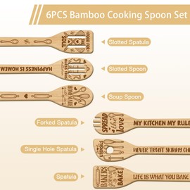 GLOBLELAND 6 Pcs Kitchen Utensil Wooden Spoons Spatula Set Bamboo Kitchen Cooking Utensils for Women and Men Wooden Engraved Cooking Spatula Set for Christmas Kitchen House Warming Gift
