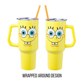 Silver Buffalo Spongebob Squarepants Smiling Face Stainless Steel Tumbler with Handle and Straw, Fits in Standard Cup Holder, 40 Ounces