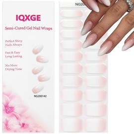 IQXGE Semi Cured Gel Nail Strips, Long Lasting Gel Nail Stickers with UV Light Needed, 20 Waterproof Full Wraps for Women with 1 File, 1 Wood Stick&2 Prep Pad-Clear Gradient Pink