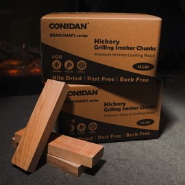 CONSDAN Wood Chips for Smoker, USA Grown Hickory Pizza Oven Wood, BBQ Cooking Natural Wood Chunks, Kiln Dried Firewood, Smoking Wood Chips, All Natural Barbecue Smoker Blocks for Smoking Meat (24 LBS)
