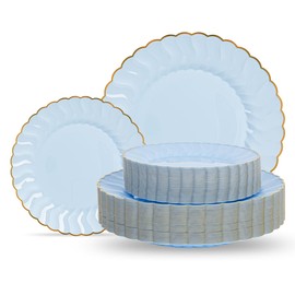 Lullaby 60PCS Light Blue Plastic Plates with Gold Rim, Includes 30PCS Dinner Plate 10'' and 30PCS Dessert Plate 7.5'', Baby Blue Plastic Plates for Parties, Birthdays and Wedding