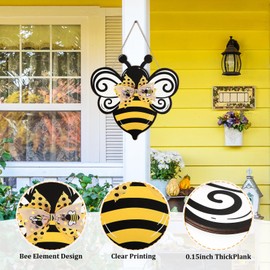Bee Wooden Wreaths Front Door Welcome Signs with Bow Ribbon, Bee Decoration Wood Door Wall Signs Door Hanger Crafts for Spring Home Farmhouse Party Porch Wall Decor