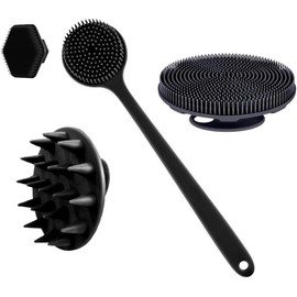 cepillo de silicona para cuerpo - 1 cepillo de limpieza de espalda de mango largo, cepillo de baño corto, cepillo para lavar el pelo y cepillo para lavar la cara, herramientas de limpieza (black)