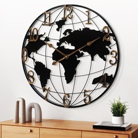 Maxstar Large World Map Wall Clock, Metal Minimalist Modern,Round Silent Non-Ticking Battery Operated Wall Clocks for Living Room/Home/Kitchen/Bedroom/Office/Farmhouse Decor