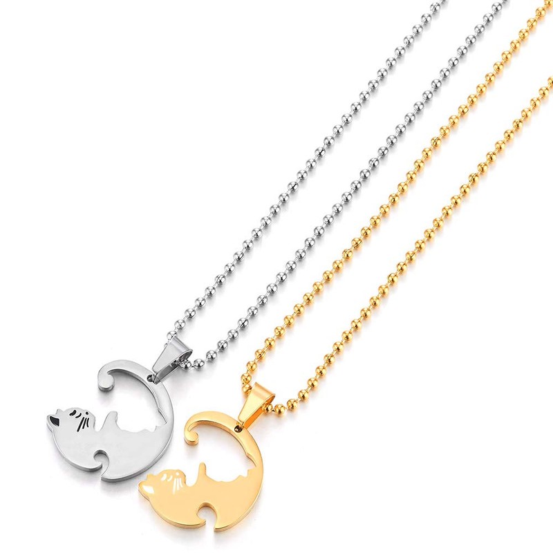 COOLSTEELANDBEYOND Pair Steel Gold Silver Matching Kitty Cat Friendship Pendant