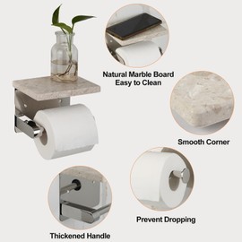 Koville Italian Marble Top Toilet Paper Holder, SUS304 Stainless Steel Wall Mounted Single Roll Handle Tissue Holder for Washroom, Suitable for Mega Roll Rack Adhesive Shelf - Perlato Appia Marble