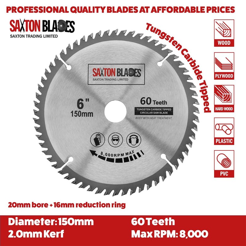 2x Saxton TCT Circular Saw Blades 150mm x 20mm bore
