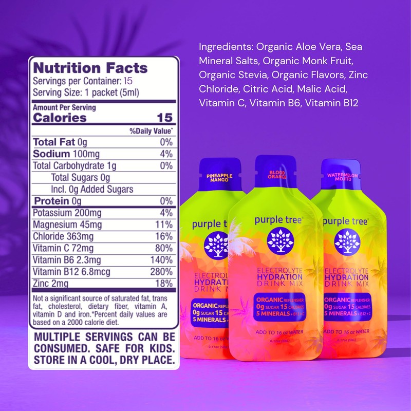 purple tree Organic Electrolyte Hydration Packets, Zero Sugar, Sea Salts,