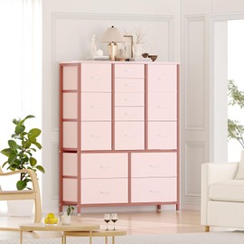 GarveeHome 15 Drawers Dressers, Chest of Drawers with Wood Tabletop, Metal Frame, Storage Organizer Unit with Fabric, Tall Dressers for Bedroom Living Room Hallway Entryway, Pink