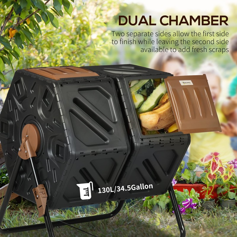 Outsunny Dual Chamber Compost Tumbler Bin, Outdoor Tumbling Composter with