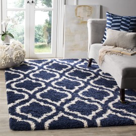 Safavieh Hudson Shag Collection SGH284C Moroccan Geometric 2-inch Thick Area Rug, 5' 1" x 7' 6", Navy/Ivory