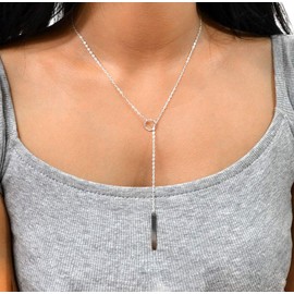 Silver Tiny Y Shaped Dainty Necklace 18K Silver Plated Cute Circle Bar Vertical Lariat Necklace for Women (circle silver)